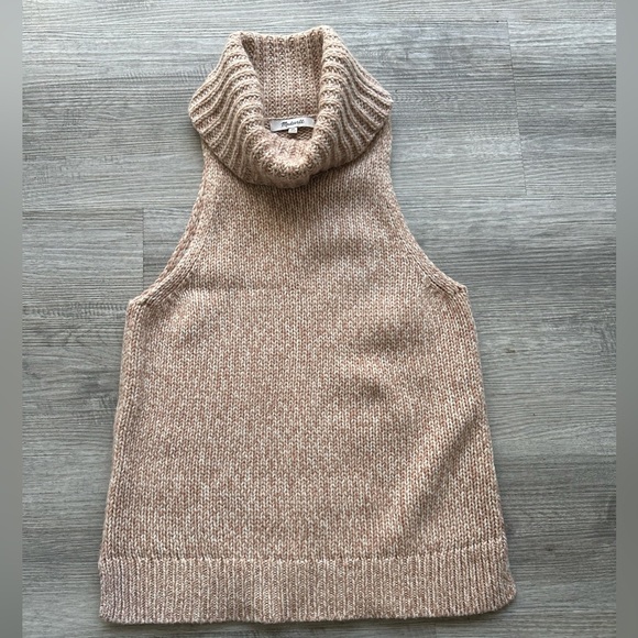 Madewell Sz XS Tan Cowl Neck Sweater Vest Cutaway Merino Wool bled fits like M - Picture 2 of 7